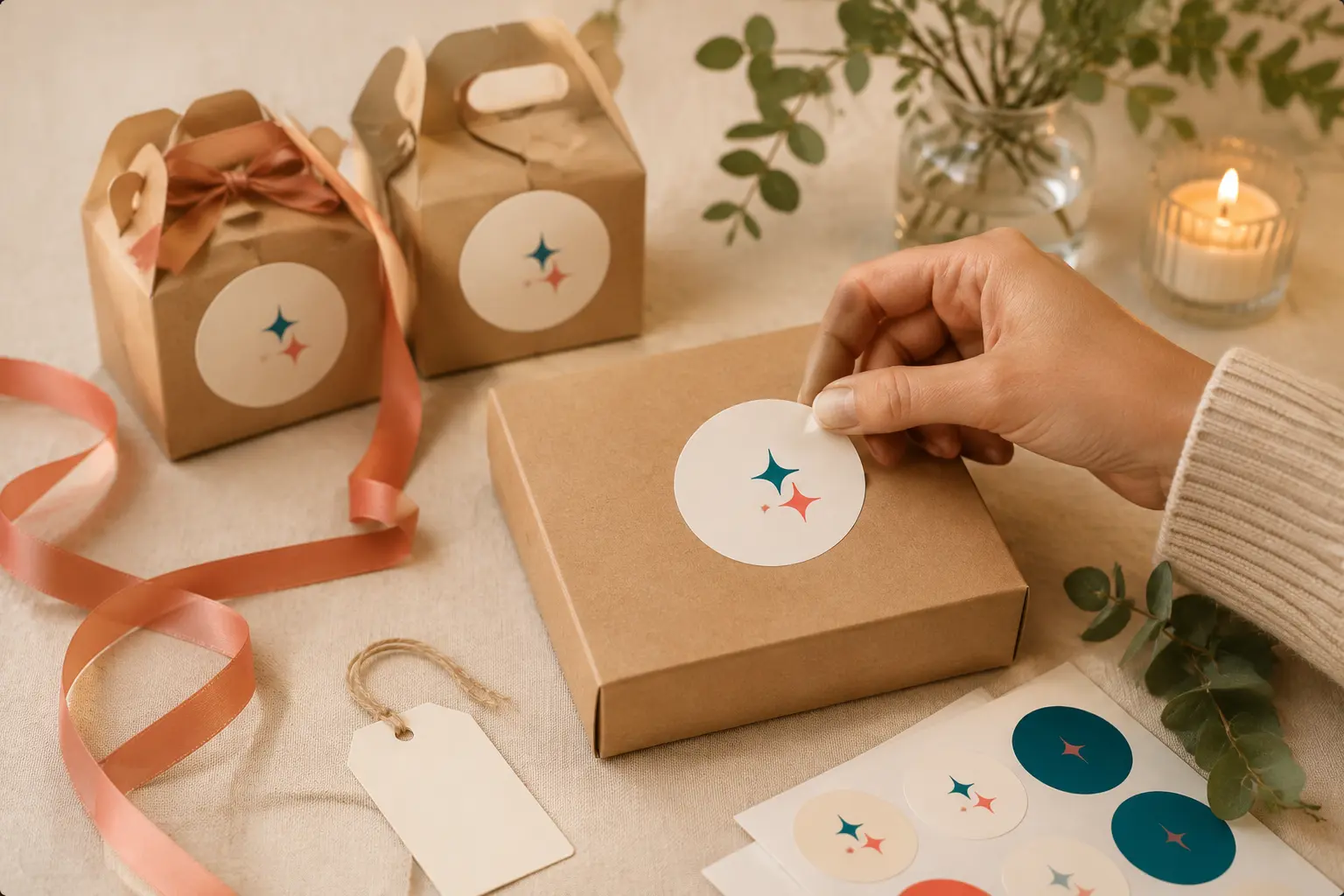 Cajas de regalo kraft con stickers de chispas y cinta coral sobre la mesa