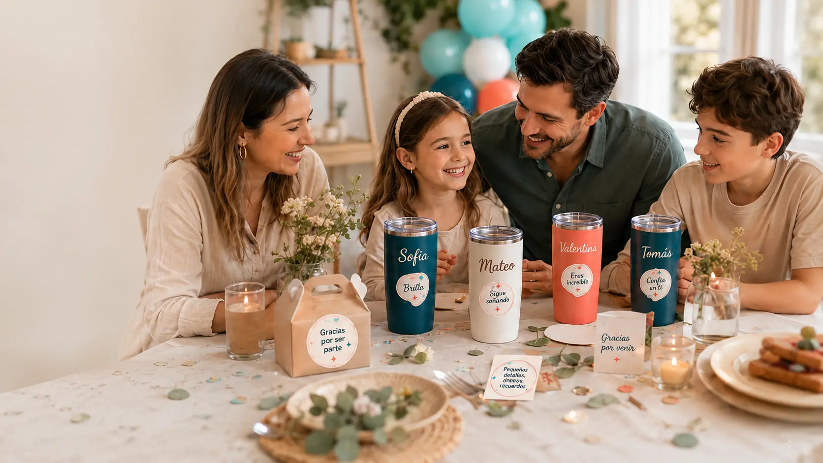 Familia celebrando con termos y detalles personalizados de FS Creativity Studio